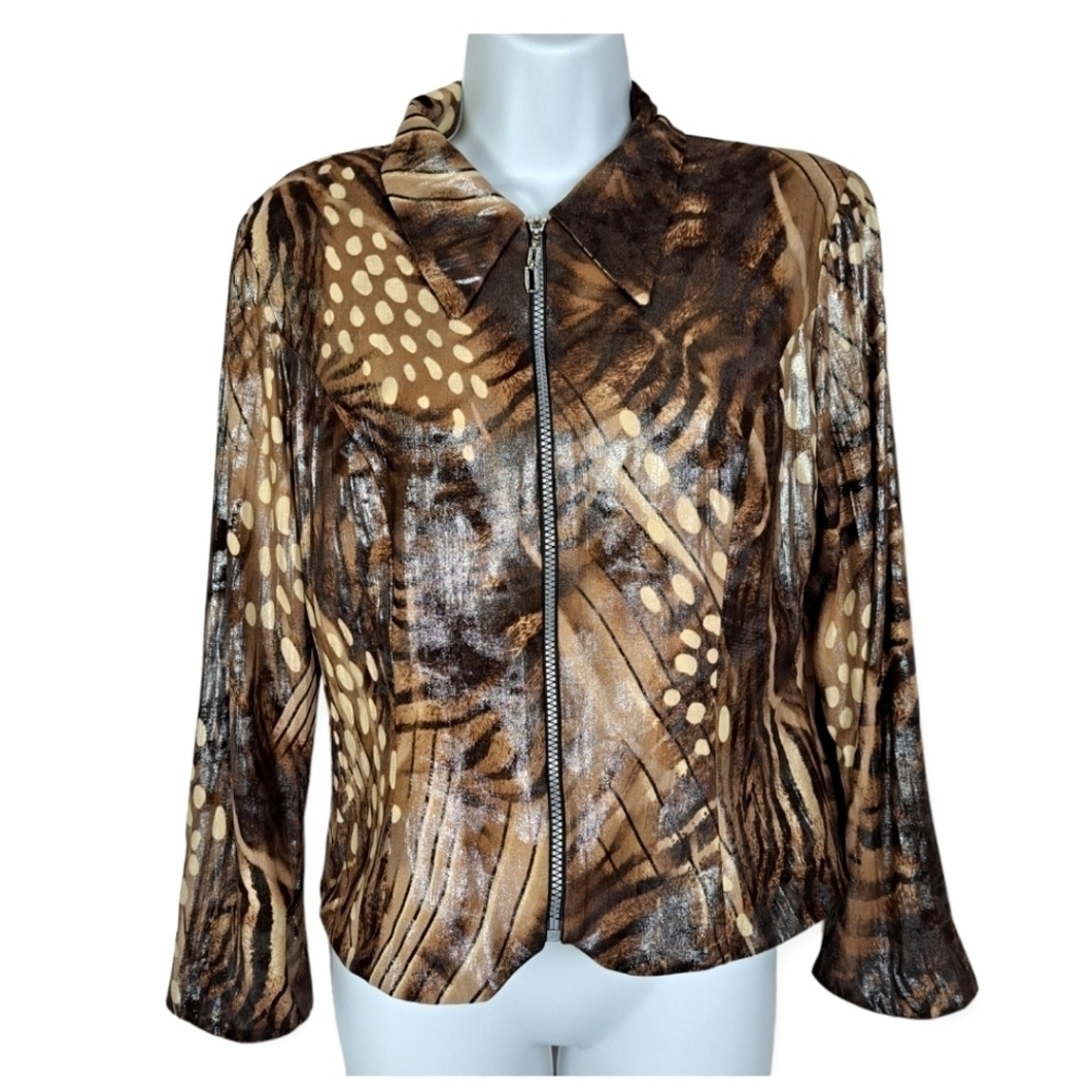 Frank‎ Lyman Design Animal Print Zipper short Jacket Brown Tan